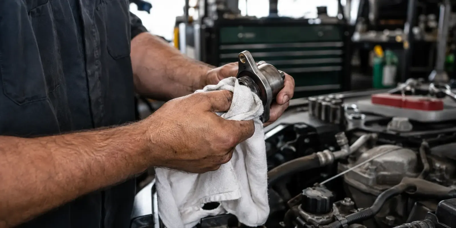 Mechanic cleaning an engine component with a cotton wiping rag