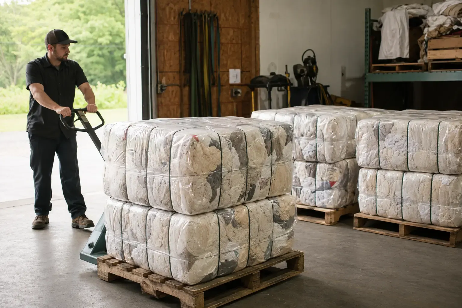 Pallets of baled cotton wiping rags staged for bulk delivery