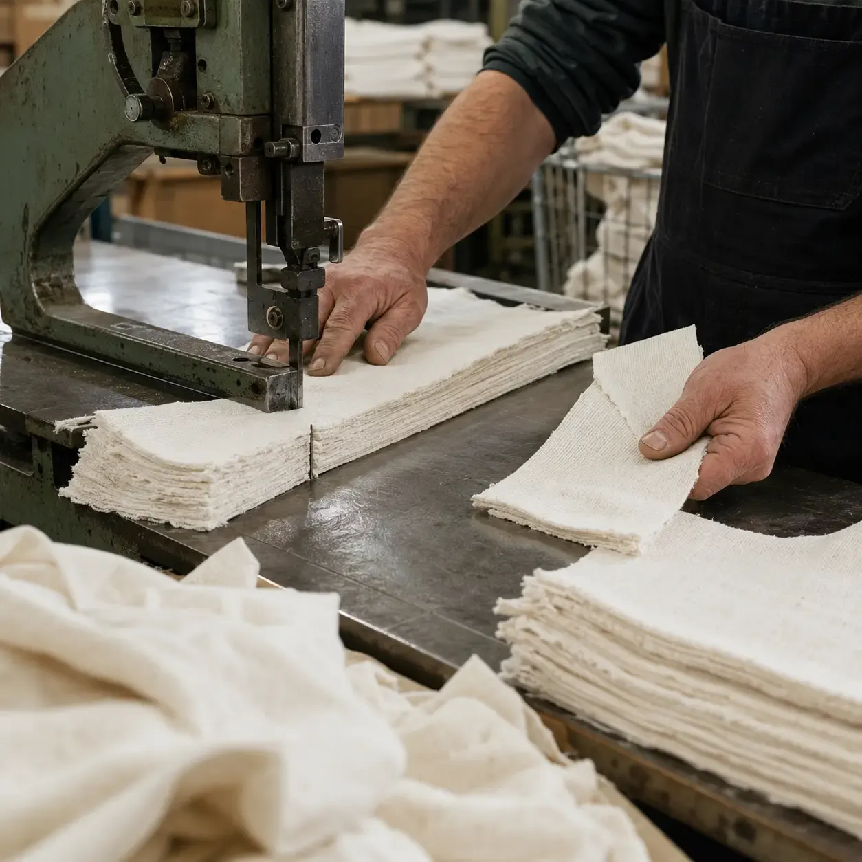 Cotton wiping rags being cut and inspected for consistent quality