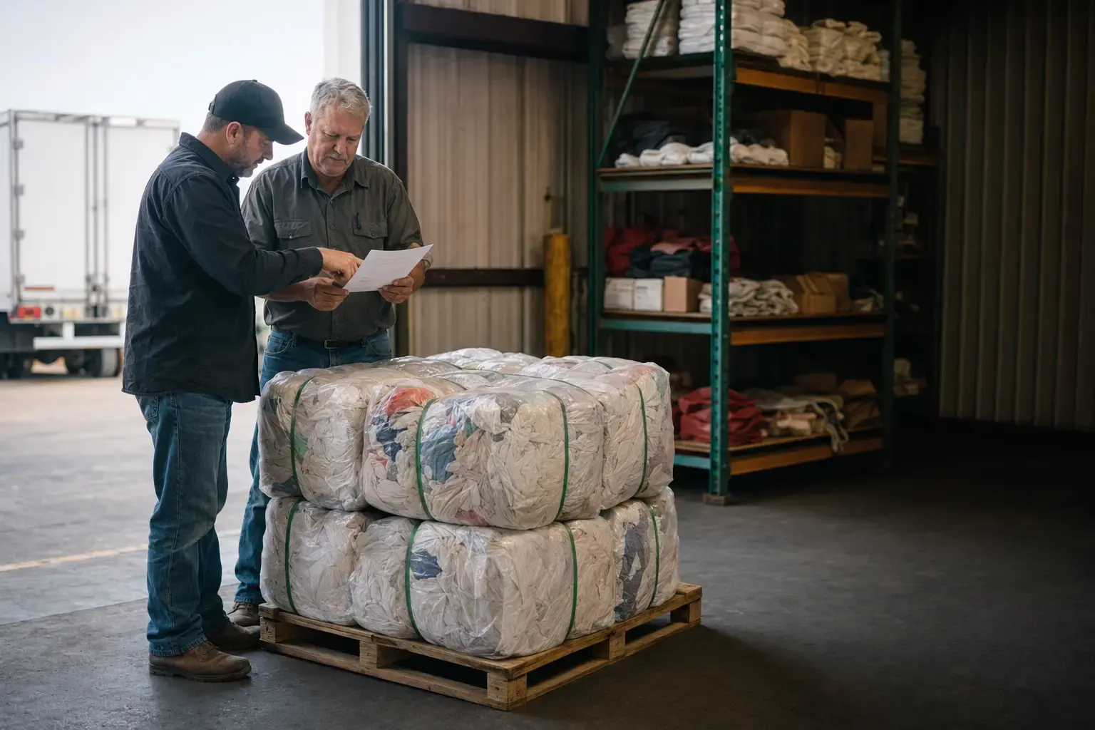 A local industrial supply buyer receiving a bulk cotton-rag delivery