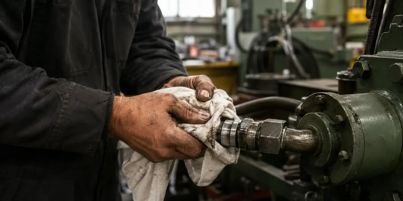 A worker cleaning machinery with a cotton rag in a general industrial setting
