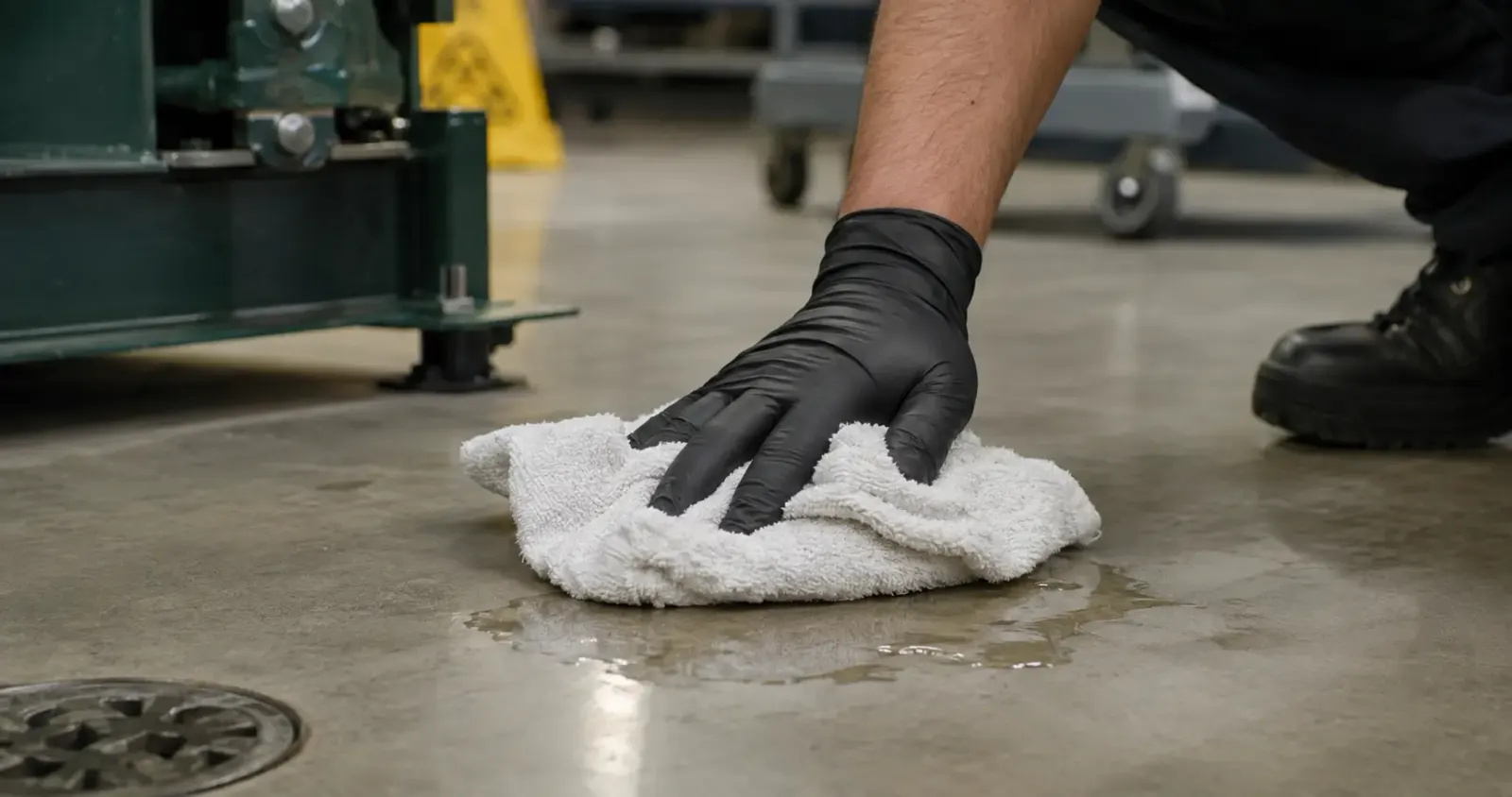 Maintenance worker absorbing a small industrial spill with a terry rag