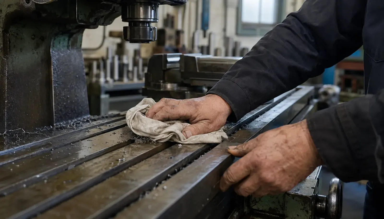 Machine-shop operator cleaning a milling machine with a cotton rag