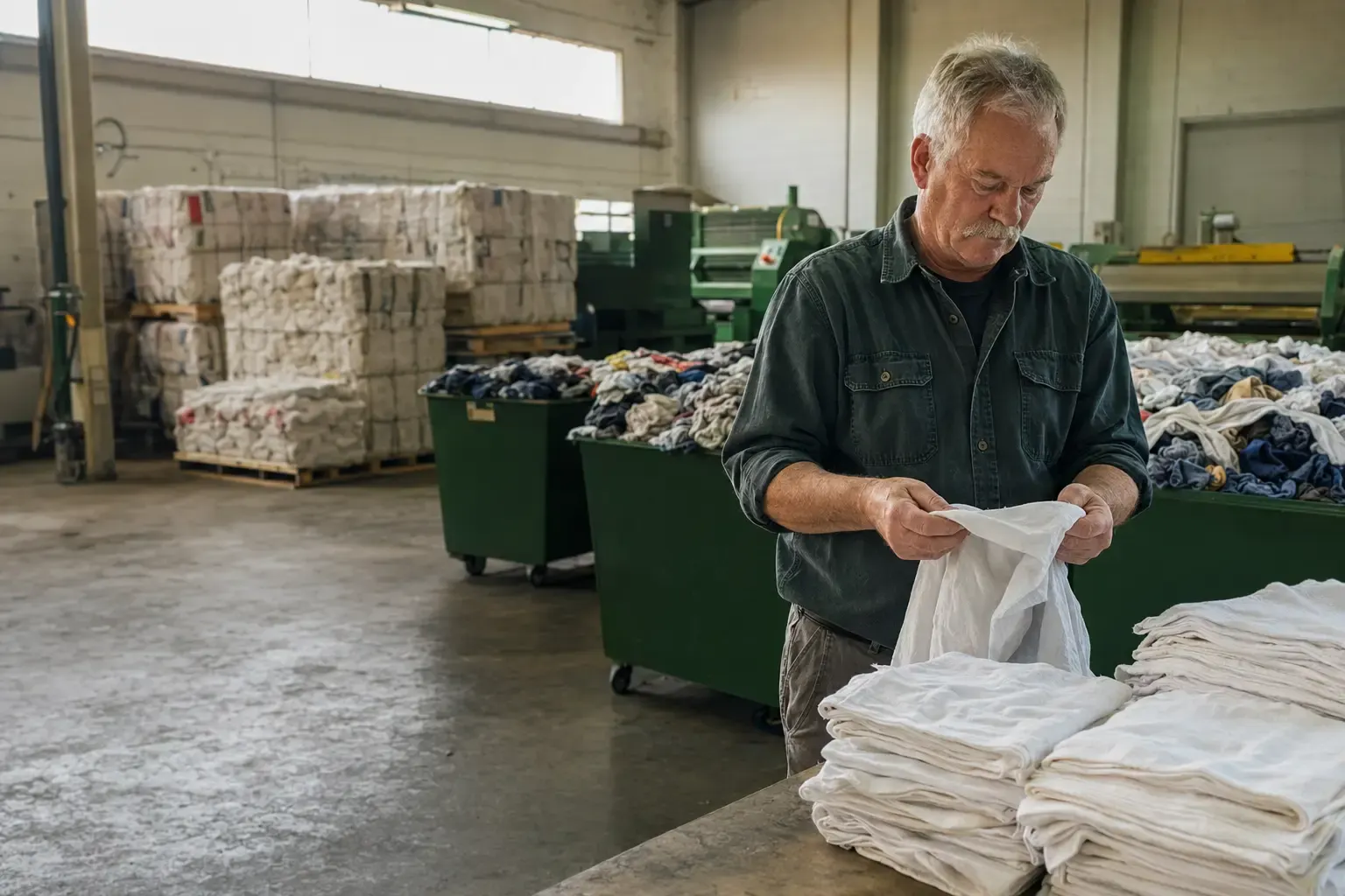 An experienced local manufacturer inspecting finished white cotton wiping rags