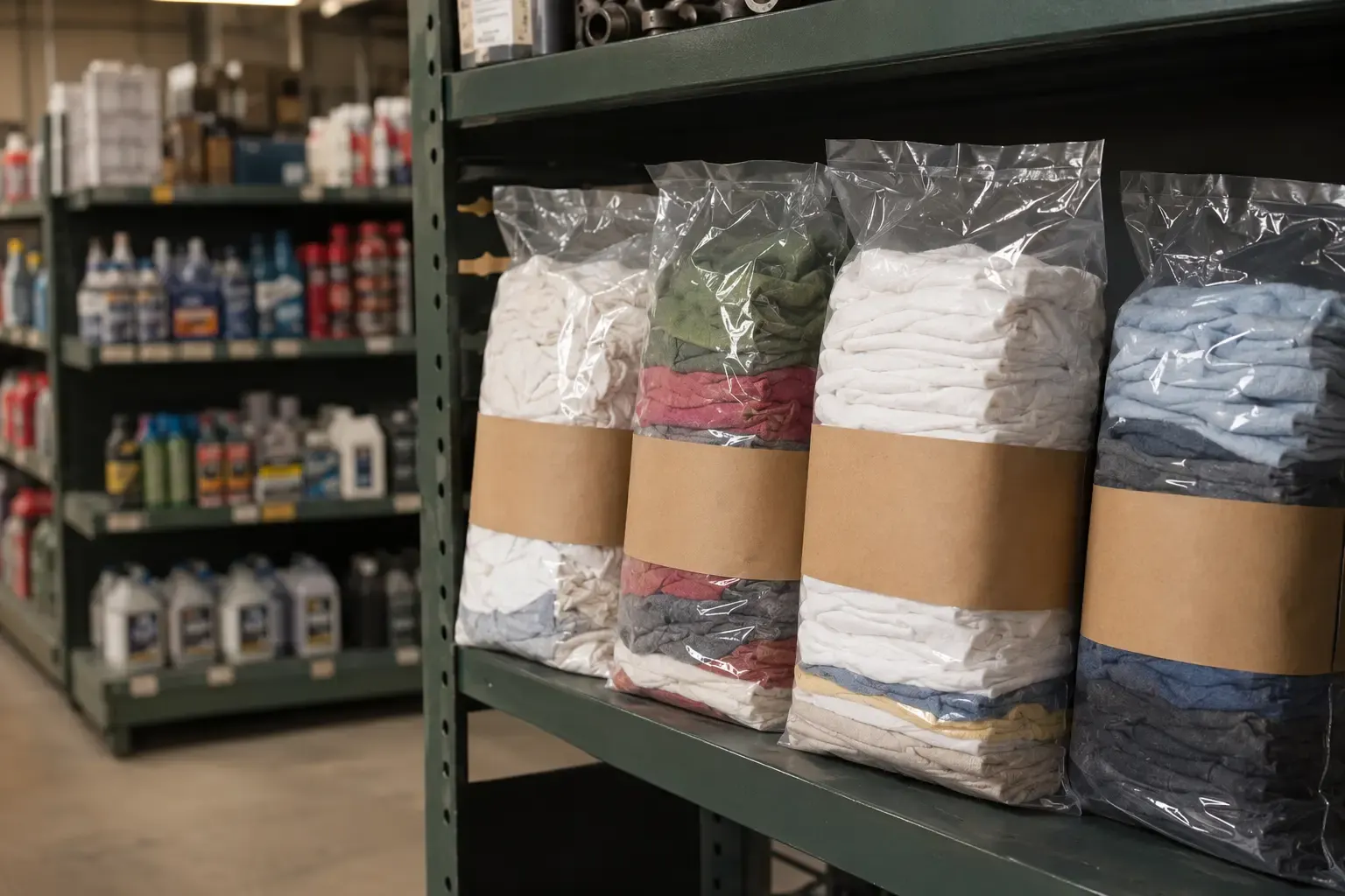 Packaged, shelf-ready cotton wiping cloths for over-the-counter resale