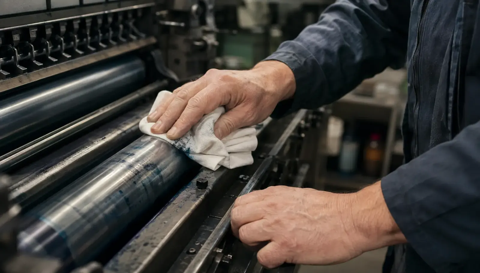 Print-shop technician cleaning press rollers with a cotton rag