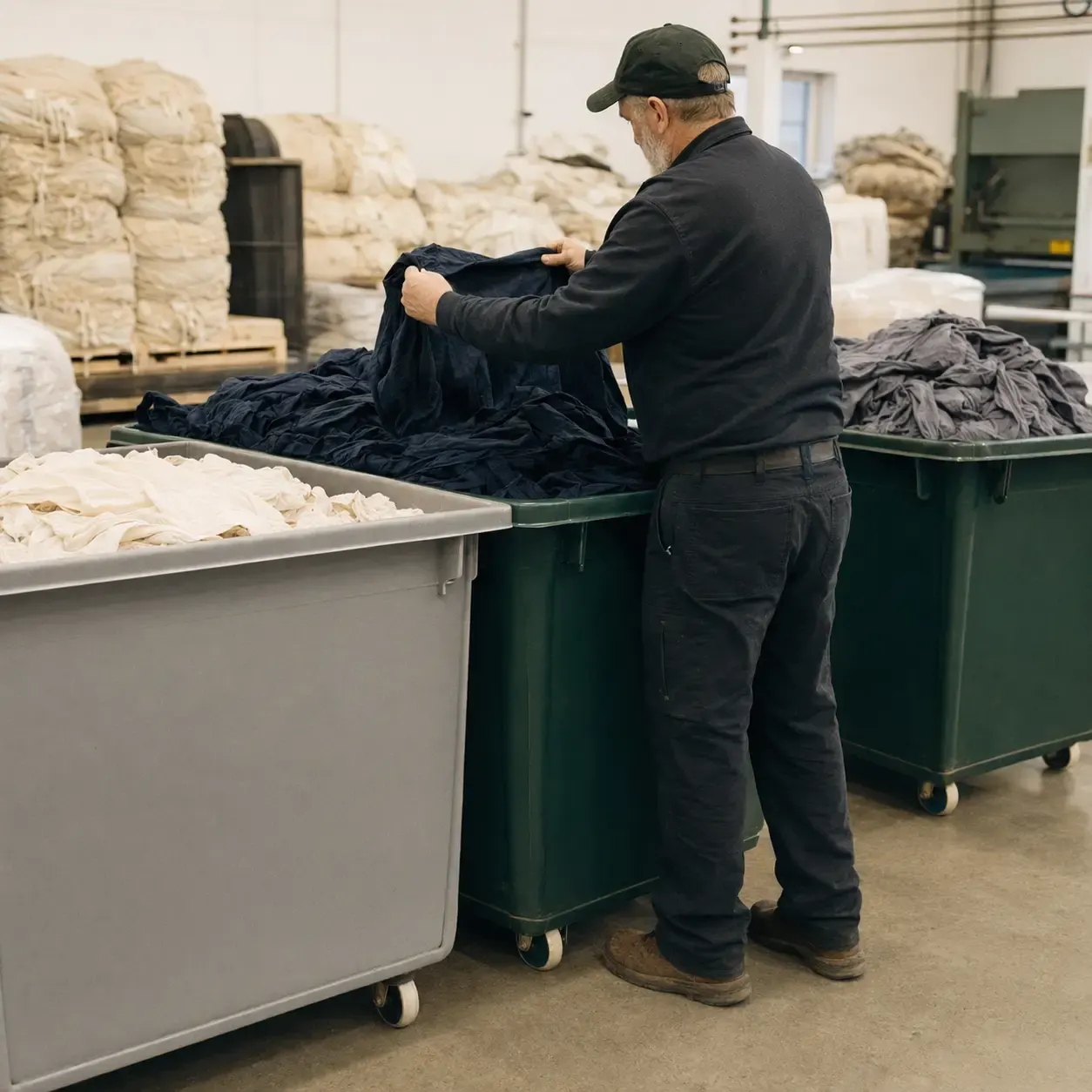 Worker sorting reclaimed cotton textiles by material and color